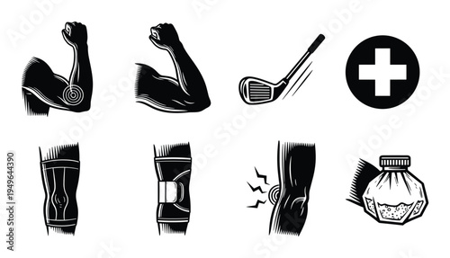 Medical icons illustrating elbow pain, knee brace, golf club and first aid