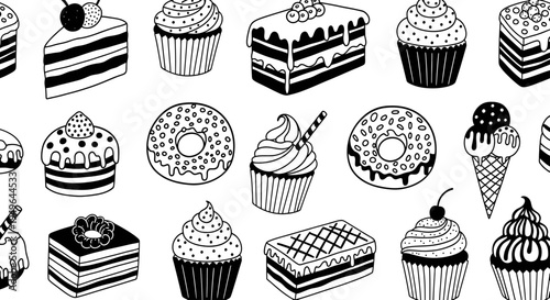 Hand Drawn Assortment of Delicious Desserts and Sweets Collection.