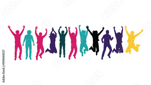 A group of people jumping in the air with their arms raised