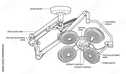 Ceiling mounted surgical light for hospital operating room technical line drawing