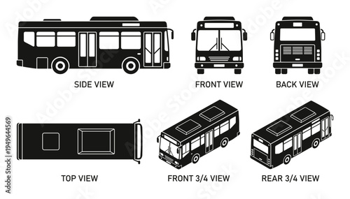 Public transport vehicle silhouette set with different viewing angles