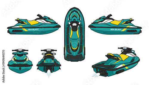 Personal watercraft views including side top front and back profiles with jet propulsion effect
