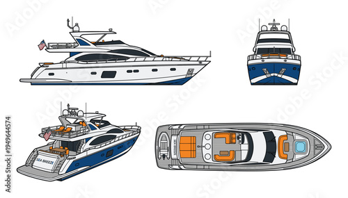 Luxury motor yacht shown from different angles on transparent background