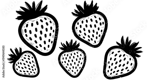 Hand drawn black and white illustration of five fresh strawberries with detailed seeds and leafy tops.