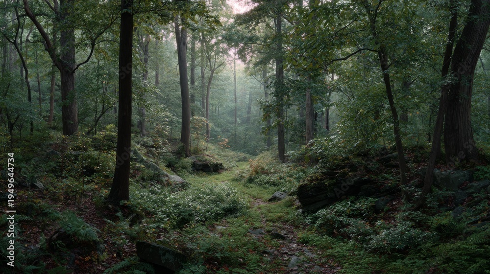 Fototapeta premium Lush green forest path with dappled sunlight illuminating trees