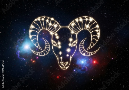 Luminous outline of a ram constellation illuminates a deep space backdrop featuring colorful nebulas