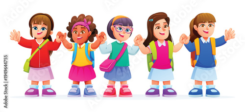 Cheerful group of little schoolgirls carrying backpacks and bags holding hands. Back to school concept. Vector cartoon character illustration