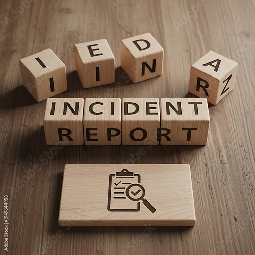 Wooden blocks spell out the phrase incident report alongside a clipboard and magnifying glass icon.