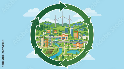 Circular Recycling Arrows Surrounding Sustainable Eco Friendly Smart City
