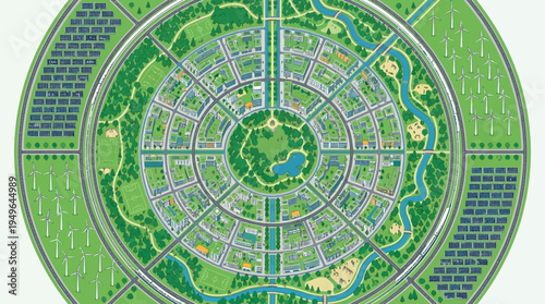 Sustainable Eco City Master Plan with Solar Farms Wind Turbines and Green Infrastructure