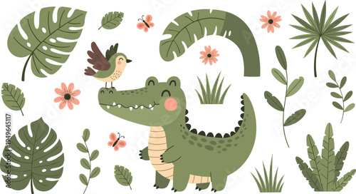 Cute Cartoon Crocodile in Tropical Jungle with Monstera Leaves, Flowers, Birds and Plants Nature Wildlife Vector IllustrationCute Cartoon Crocodile in Tropical Jungle with Monstera Leaves, Flowers, Bi
