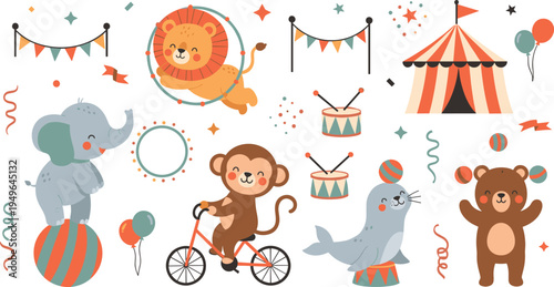 Cute circus animals vector illustration set with lion elephant monkey seal bear tent and carnival party elements isolated on white background for children.Cute circus animals vector illustration set w