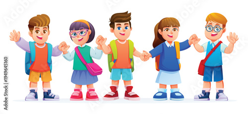 Cheerful diverse group of elementary school students carrying backpacks and bags. Back to school concept. Vector cartoon character illustration
