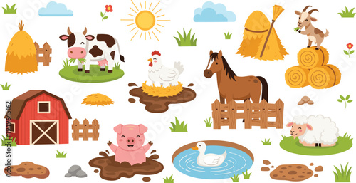 Cute Farm Animals and Barnyard Scene with Cow, Pig, Horse, Chicken, Duck Pond, Hay Bales, and Red Barn Cartoon Vector IllustrationCute Farm Animals and Barnyard Scene with Cow, Pig, Horse, Chicken, Du