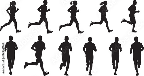 Silhouettes of people running in various poses and styles