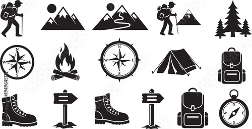 Hiking and camping icons and symbols illustration set