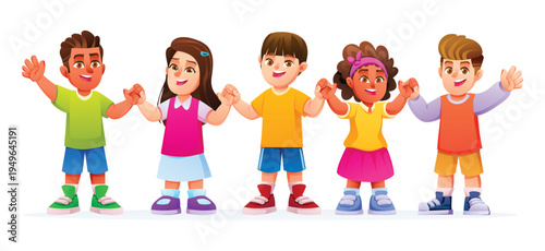 Diverse group of five happy kids holding hands and standing in a row together. Vector cartoon character illustration