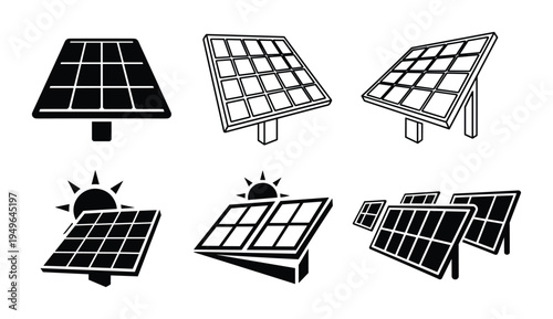 Solar panel solar energy icons set in various perspectives and styles