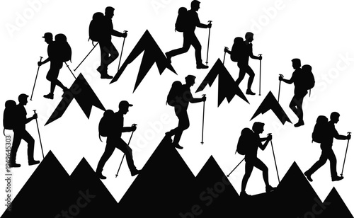 Silhouette illustration of hikers with backpacks and trekking poles walking across mountain terrain, outdoor adventure artwork symbolizing exploration, nature, travel, and physical activity.