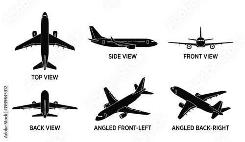 Airplane silhouette collection from different angles including top side and front views