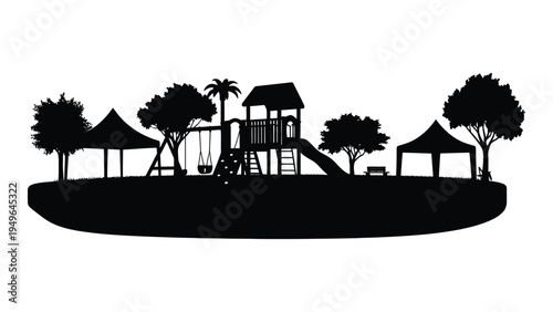 A black silhouette of a playground with trees and gazebos