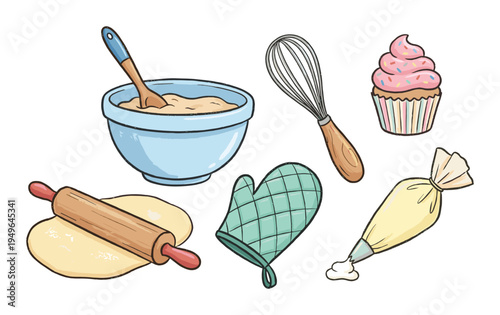 Baking ingredients and utensils collection with cupcake, rolling pin, bowl, whisk, oven mitt, pastry bag