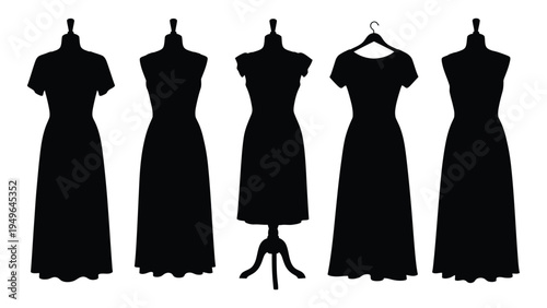 Five black silhouettes of different dresses on mannequins