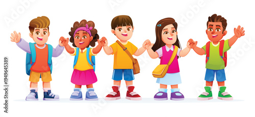 Happy group of multiethnic school children wearing backpacks and holding hands. Back to school concept. Vector cartoon character illustration