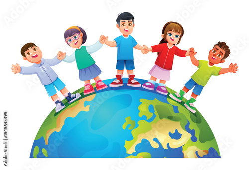 Group of children holding hands standing on top of the world. Unity and peace. Vector cartoon illustration