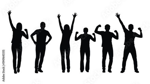 A group of people standing with their arms raised in celebration