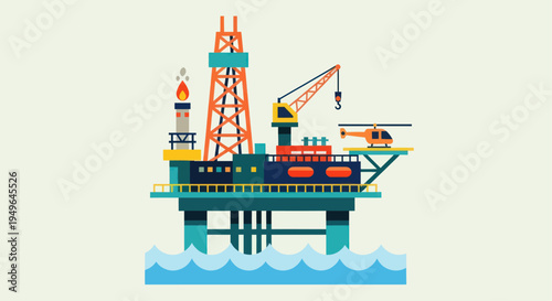 Offshore Oil Rig Platform with Helicopter and Derrick Structure.