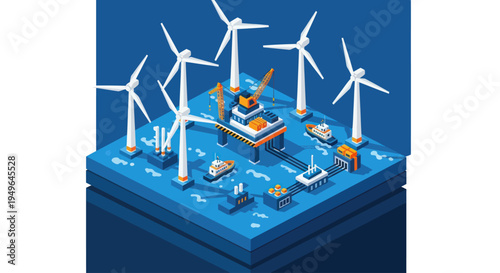 Offshore Wind Farm and Oil Platform Isometric View.