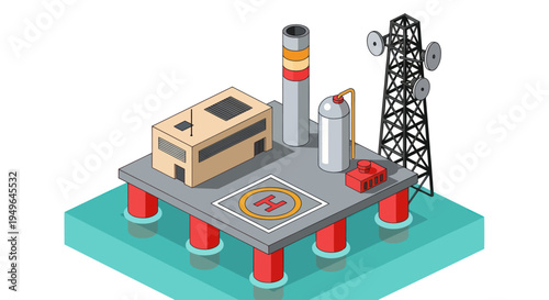 Offshore oil rig with communication tower and helipad.