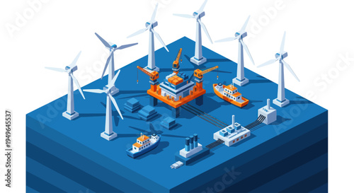 Offshore Wind Farm and Oil Rig with Support Vessels Isometric View.
