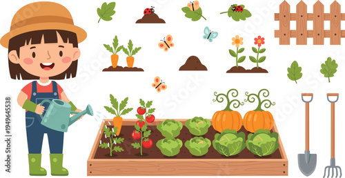 Cute Little Gardener Girl Watering Vegetable Garden with Pumpkins, Cabbage, Carrots, Flowers and Gardening Tools Cartoon Vector IllustrationCute Little Gardener Girl Watering Vegetable Garden with Pum