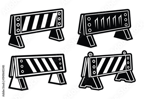 Four types of construction barriers in black and white vector illustration