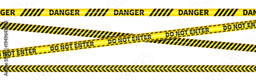 Yellow danger and do not enter caution tape set. Vector barrier police line with black stripes for construction, safety warning and industrial design background.