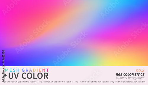 Holographic UV mesh gradient background no.2. Abstract vibrant neon liquid texture with iridescent pastel purple and orange colors for modern branding design.