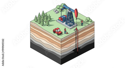 Oil drilling rig with underground layers showing geological cross-section.