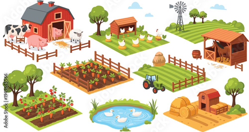 Cute isometric farm vector illustration set with red barn animals tractor garden crops pond and windmill isolated on white background for children.Cute isometric farm vector illustration set with red 