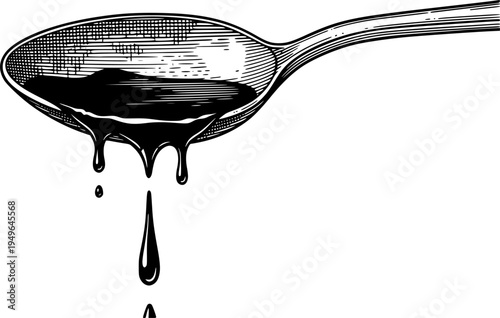 Antique engraved illustration from spoon with liquid drip ink sketch