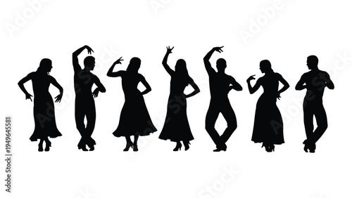 A group of people dancing in various poses