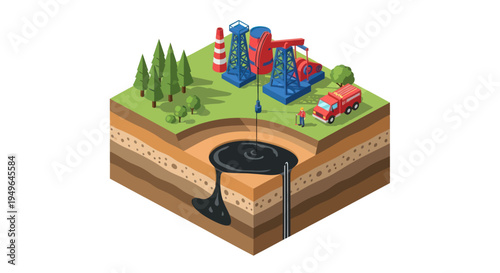 Oil Extraction Process and Industrial Infrastructure Illustration.