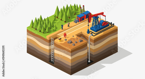 Oil Extraction Process Cross Section with Pumpjack and Drilling Rig.
