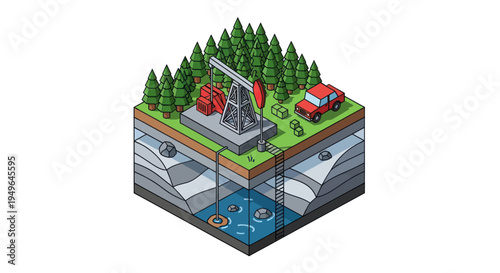 Oil Pump Jack and Drilling Operations in a Forest Setting.