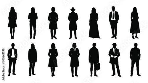A group of business people in various poses and attire