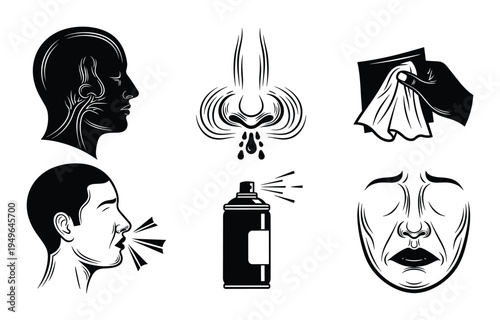 Sickness and allergy symptoms vector icons, sneezing, runny nose, mask