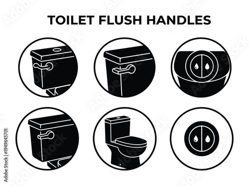 Toilet flush handles icon collection showing various bathroom plumbing fixtures and button mechanisms
