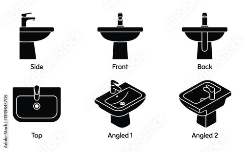 Sink icon set isolated on transparent background, pedestal washbasin in side, front, back, top, angled 1 and angled 2 views