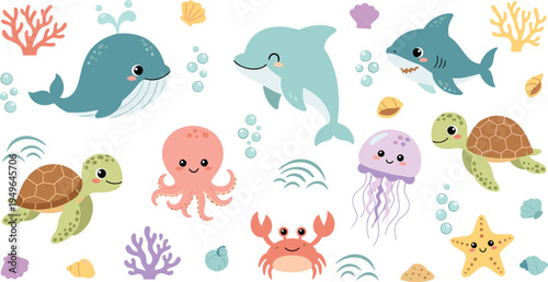 Cute Ocean Sea Animals Collection with Whale, Dolphin, Shark, Octopus, Turtle, Jellyfish, Crab and Starfish Underwater Cartoon Vector IllustrationCute Ocean Sea Animals Collection with Whale, Dolphin,